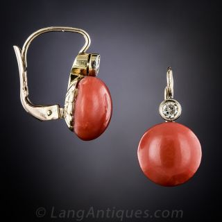 Vintage Coral Button Earrings with diamond 
