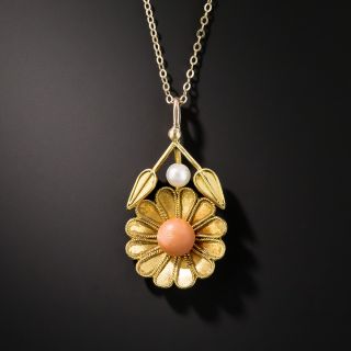 Vintage Coral Flower and Pearl Drop