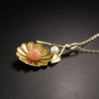 Vintage Coral Flower and Pearl Drop