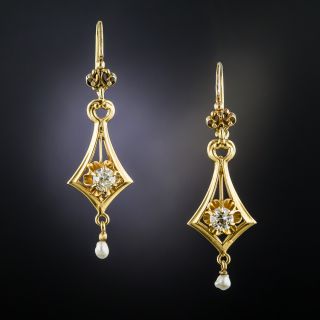 Vintage Diamond and Pearl Drop Earrings - 2