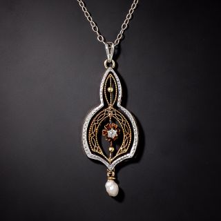 Vintage Diamond and Pearl Drop Necklace - 1