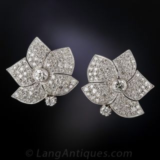 Vintage Diamond and Platinum Leaf Earrings