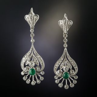 Vintage Diamond Emerald Platinum Drop Earrings - 2