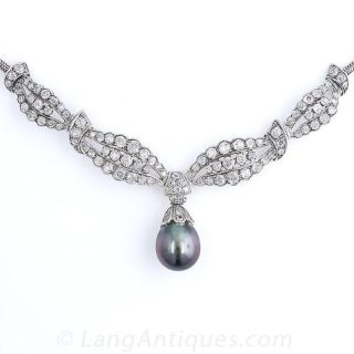 Vintage Diamond Necklace with Tahitian Pearl Drop