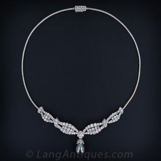 Vintage Diamond Necklace with Tahitian Pearl Drop