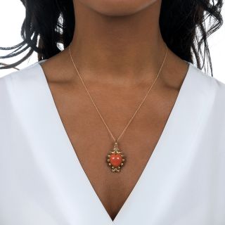 Vintage Double-Sided Heart Shape Coral and Turquoise Pendant