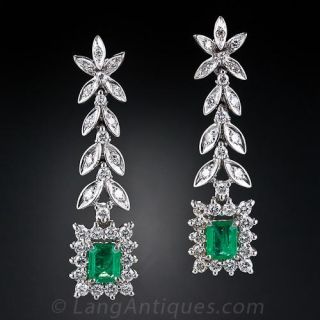 Vintage Emerald and Diamond Drop Earrings - 2
