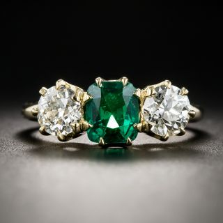 Vintage Emerald Diamond Three-Stone Ring - 1