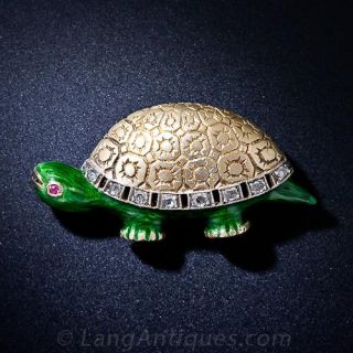 Vintage Enamel and Diamond Turtle Pin - 1