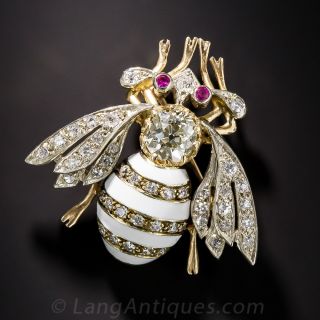 Vintage Enamel Bee Brooch with 1.20 ct. Old Mine-Cut Diamond 