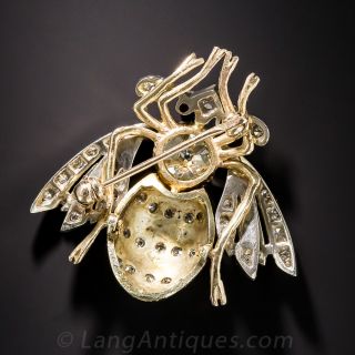 Vintage Enamel Bee Brooch with 1.20 ct. Old Mine-Cut Diamond 