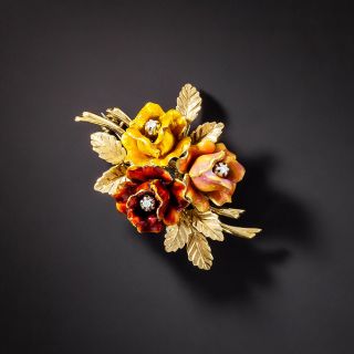 Vintage Enamel Flower and Diamond Brooch - 1
