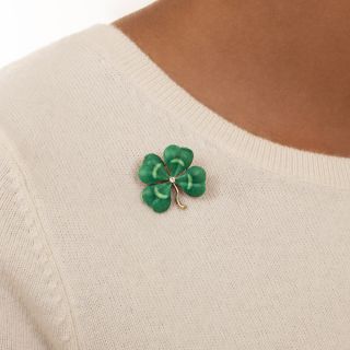 Vintage Enamel Four-Leaf Clover and Diamond Brooch