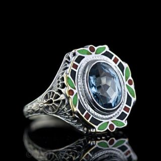 Vintage Enameled Aquamarine Filigree Ring