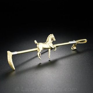 Vintage Equestrian Bar Pin in 14 Karat Gold and Platinum - 1