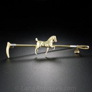 Vintage Equestrian Bar Pin in 14 Karat Gold and Platinum