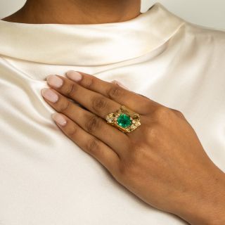 Vintage Free-form 3.75 Carat Emerald and Diamond Ring - GIA