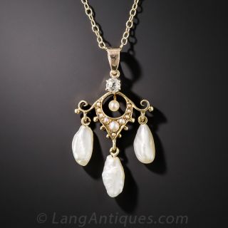 Vintage Freshwater Pearl and Diamond Chandelier Necklace 