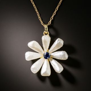 Vintage Freshwater Pearl and Sapphire Flower Pendant Necklace - 3