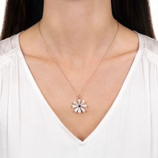 Vintage Freshwater Pearl and Sapphire Flower Pendant Necklace