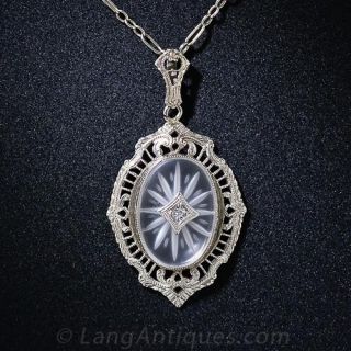 Vintage Frosted Crystal and Diamond Pendant Necklace 