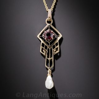 Vintage Gold, Pearl and Garnet Pendant