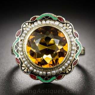 Vintage Golden Citrine and Enamel Ring
