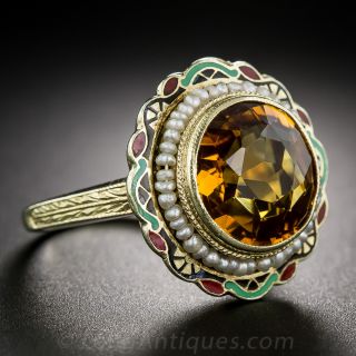 Vintage Golden Citrine and Enamel Ring
