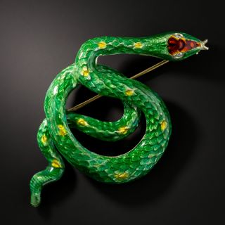 Vintage Green and Red Enamel Snake Brooch - 2