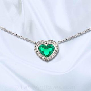 Vintage Inspired Heart Shaped Emerald and Diamond Necklace