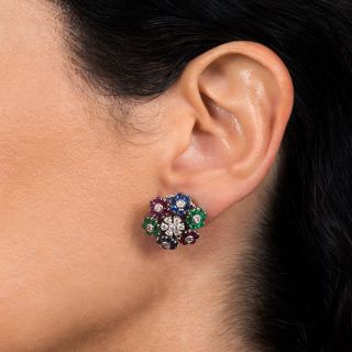 Vintage Italian Multi-Gem and Diamond Flower Earrings