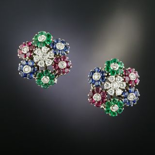 Vintage Italian Multi-Gem and Diamond Flower Earrings - 2