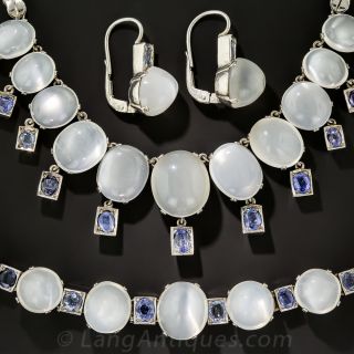 Vintage Moonstone and Sapphire Necklace, Bracelet and Earrings in Silver