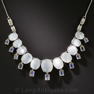 Vintage Moonstone and Sapphire Necklace, Bracelet and Earrings in Silver