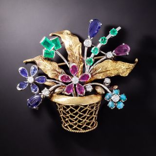 Vintage Multi-Stone Flower Basket Brooch - 2