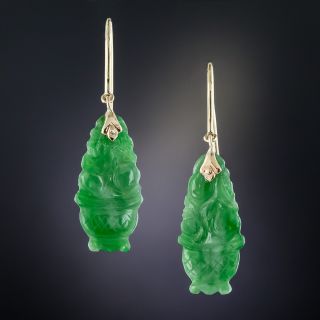 Vintage Natural Burmese Carved Jadeite Drop Earrings