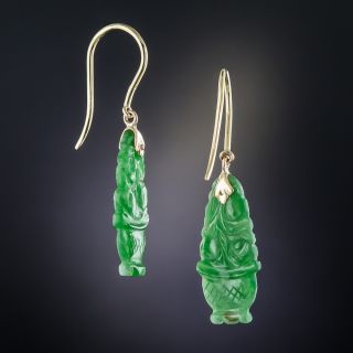 Vintage Natural Burmese Carved Jadeite Drop Earrings