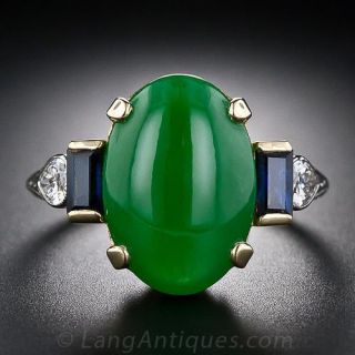 Vintage Natural Jade, Diamond and Sapphire Ring