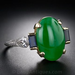 Vintage Natural Jade, Diamond and Sapphire Ring