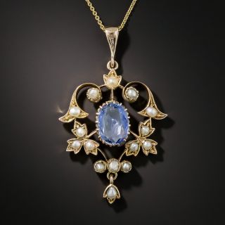 Vintage No-Heat Ceylon Sapphire and Pearl Pendant Necklace