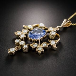 Vintage No-Heat Ceylon Sapphire and Pearl Pendant Necklace