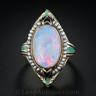 Vintage Opal and Seed Pearl Enameled Ring