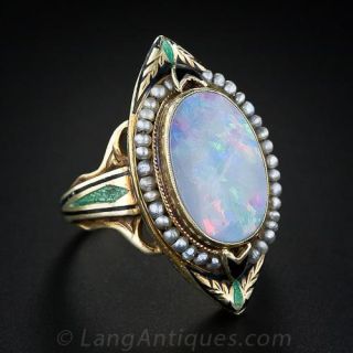 Vintage Opal and Seed Pearl Enameled Ring
