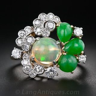 Vintage Opal, Jade and Diamond Ring