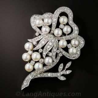 Vintage Pearl and Diamond Floral Brooch