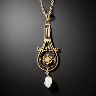 Vintage Pearl, Diamond and Enamel Lavaliere  - 2