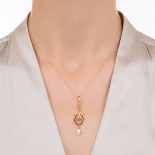 Vintage Pearl, Diamond and Enamel Lavaliere 
