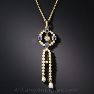 Vintage Pearl Sapphire and Diamond Drop - 2