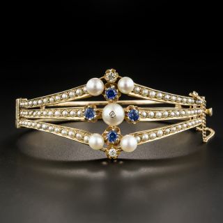 Vintage Pearl Sapphire Diamond Bangle Bracelet - 1