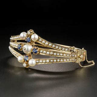 Vintage Pearl Sapphire Diamond Bangle Bracelet